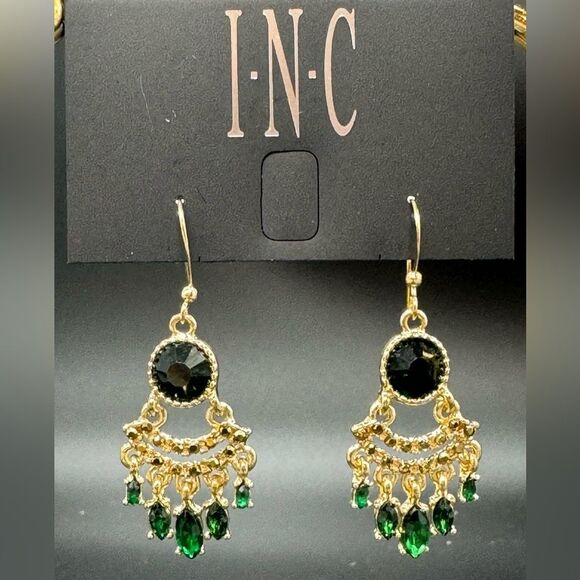INC Gold Tone W/ Green Crystal Chandelier Fish Hook Earring 2 Inches - Picture 1 of 7